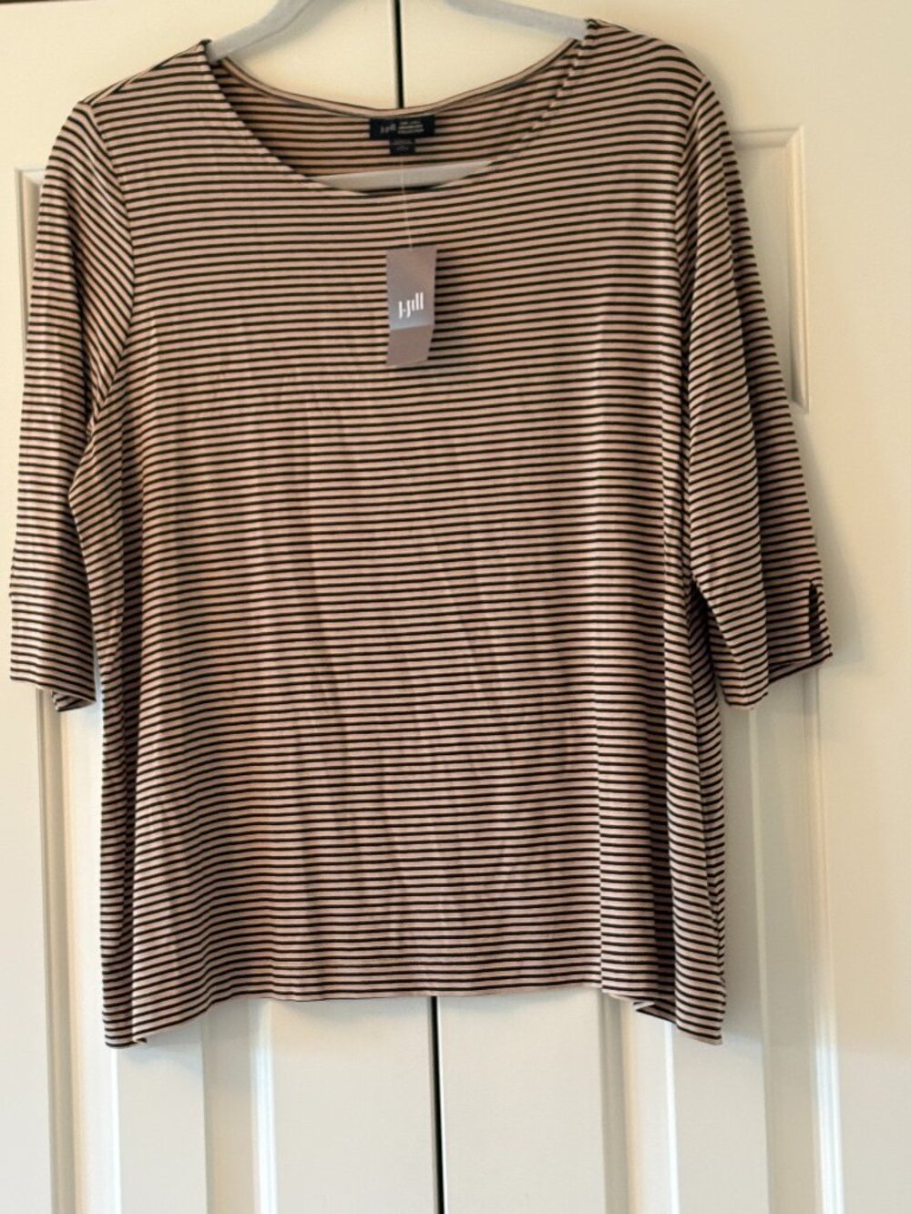 NWT J JILL  Wearever Ballet Sleeve Crew Neck Top in Navy Blue Light Caramel LP